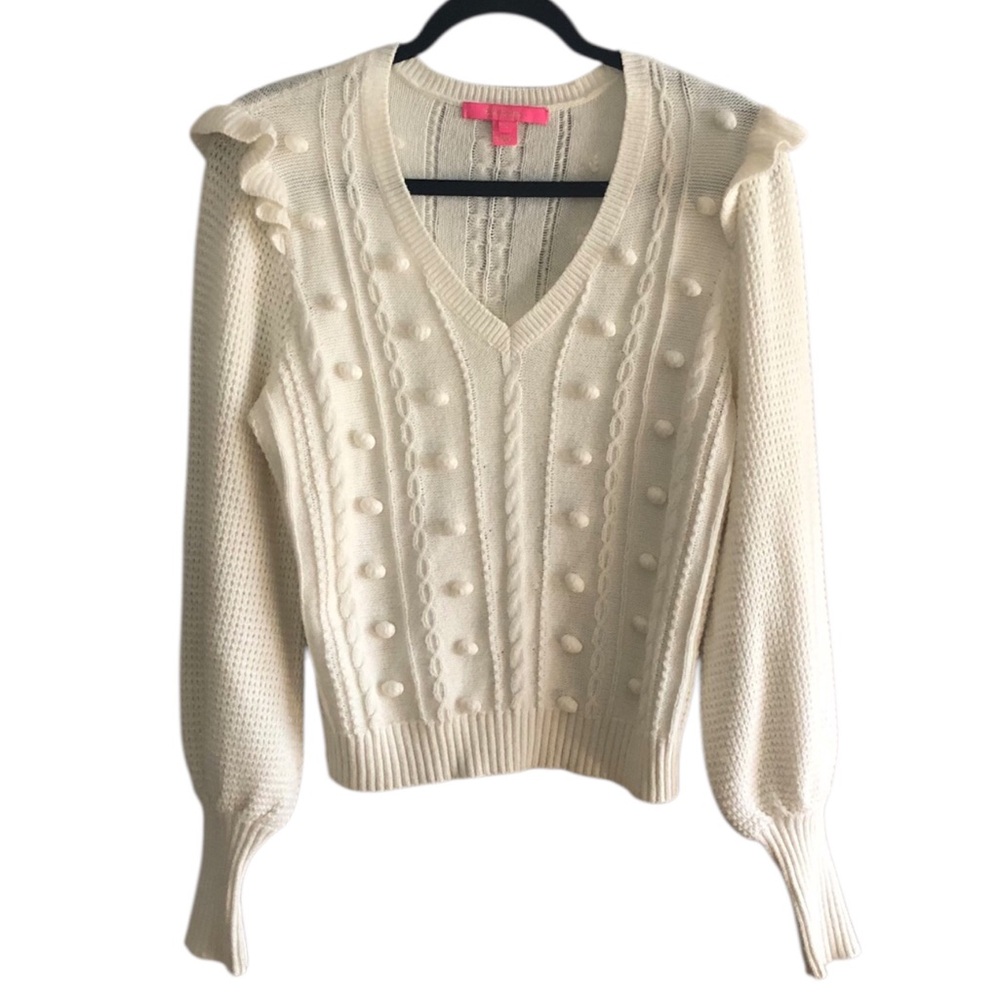 Lilly Pulitzer Cream Pom-Pom Preppy Academia Classic V-Neck Sweater